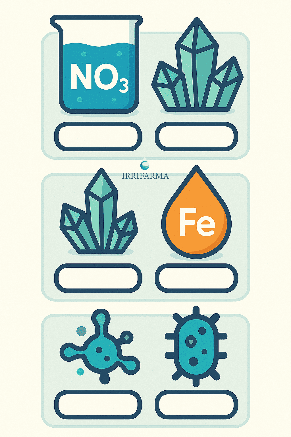 Infografica con icone di nitrati, calcare, ferro e batteri per spiegare i parametri principali dell’analisi dell’acqua di pozzo